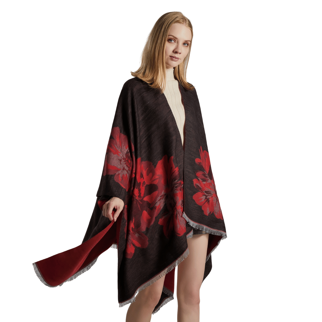 poncho cape motif fleurs femme frange