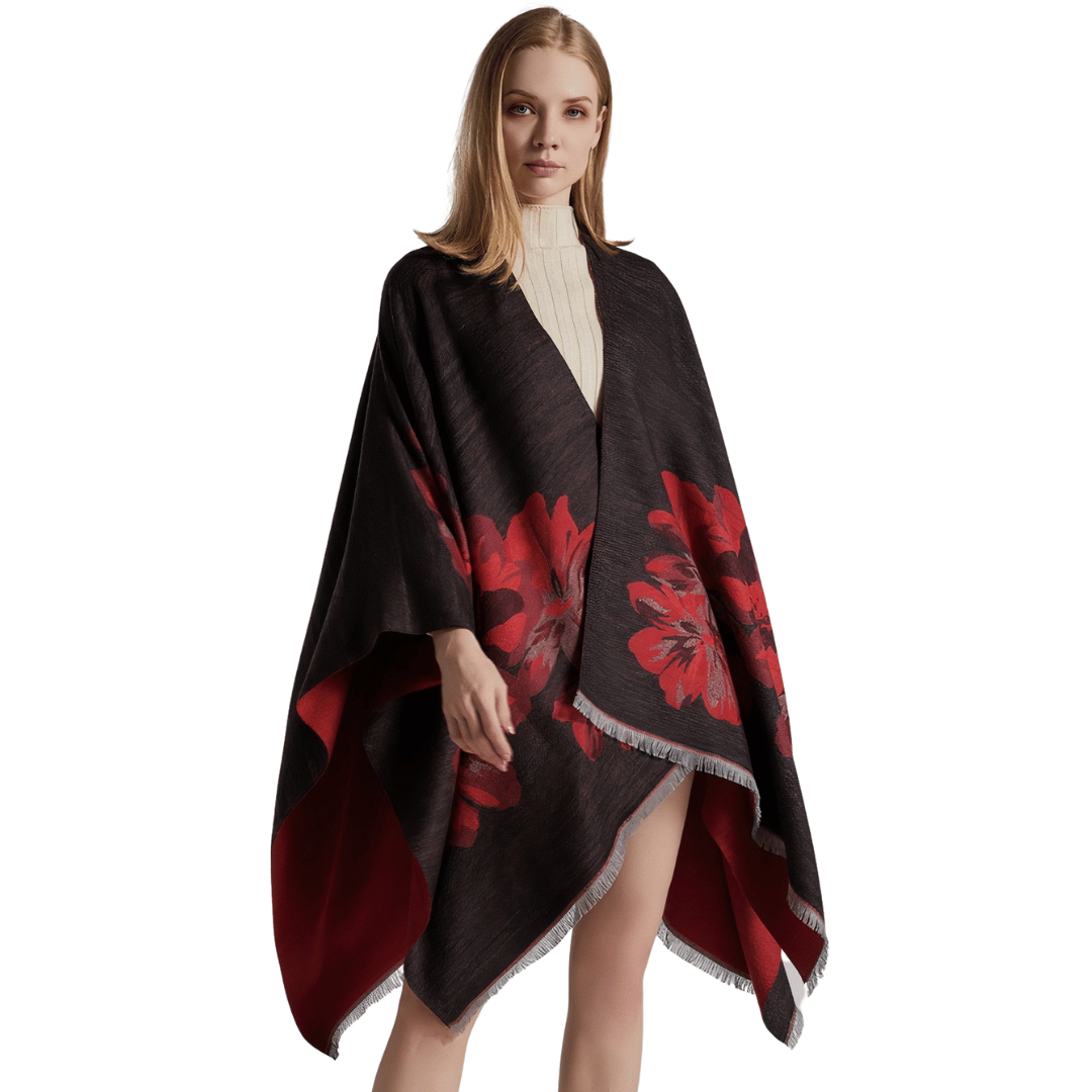 poncho chale laine grosses fleurs