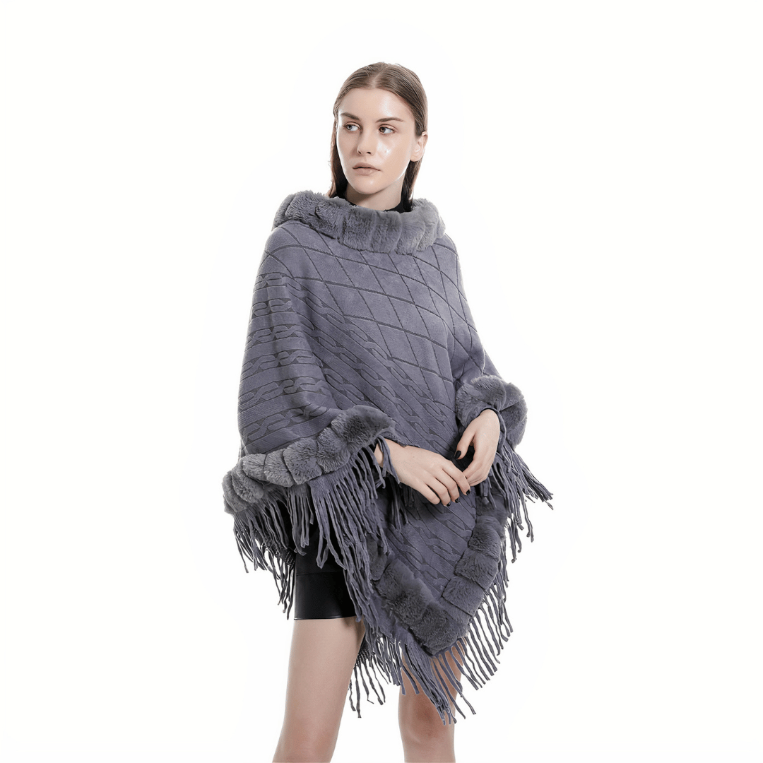 poncho femme laine et fausse fourrure