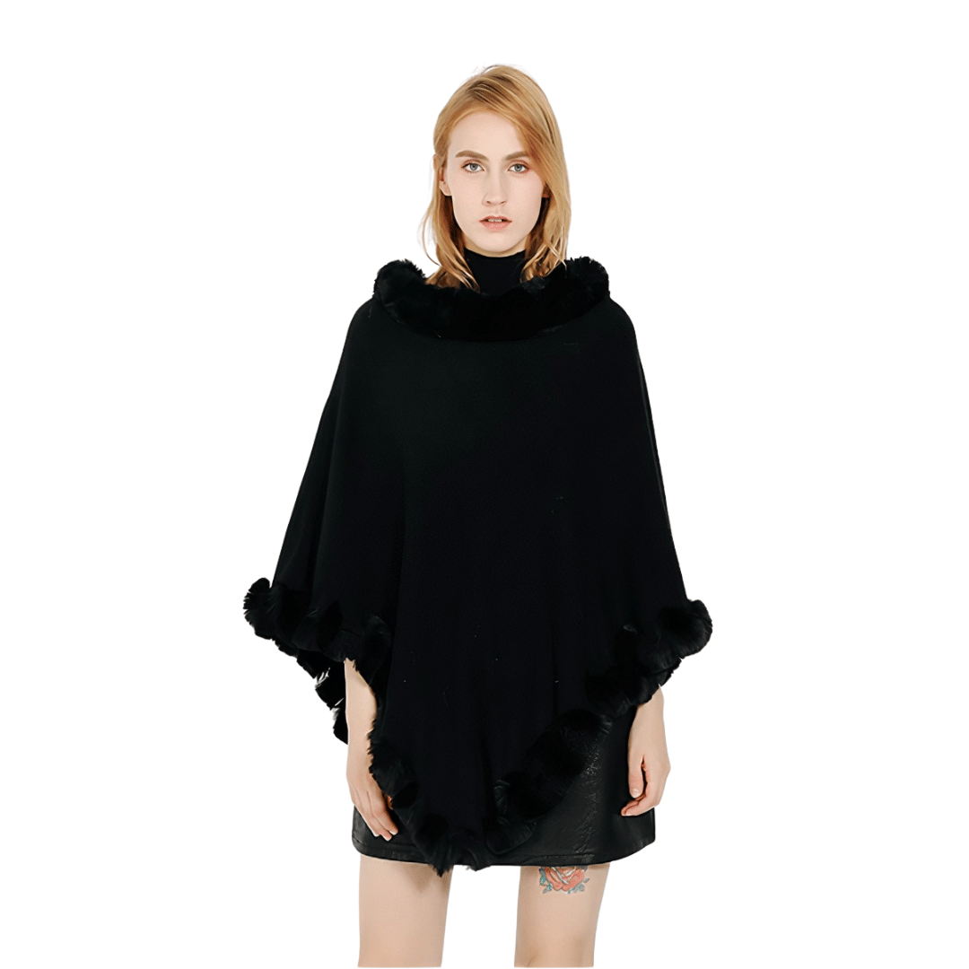 poncho noir femme fourrure